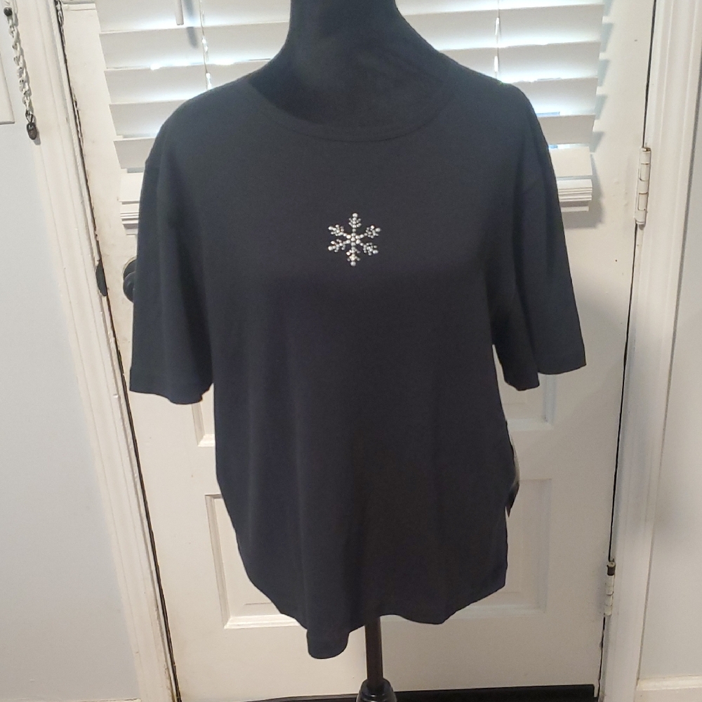 KL Collection Black Tee with Snowflake Accent NWT